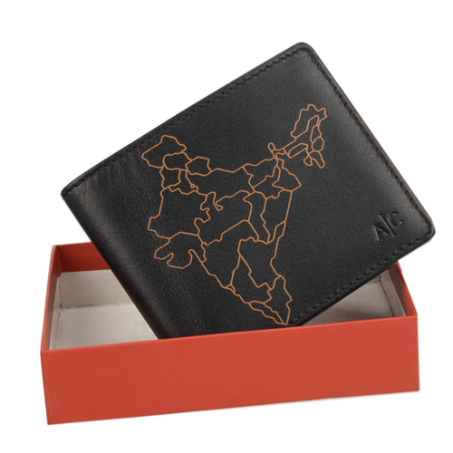 Leather wallet for Men's stylist business purse RFID protect precision Quality Multiple Card Indiab map Print